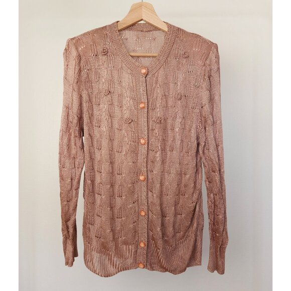 90s vintage silk pointelle embroidered knit cardigan dusty pink - Picture 6 of 13